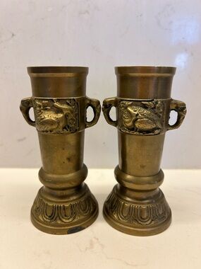 Vintage Brass Decorative Pair Vases / candleholders -Relief & Birds motif 3x5